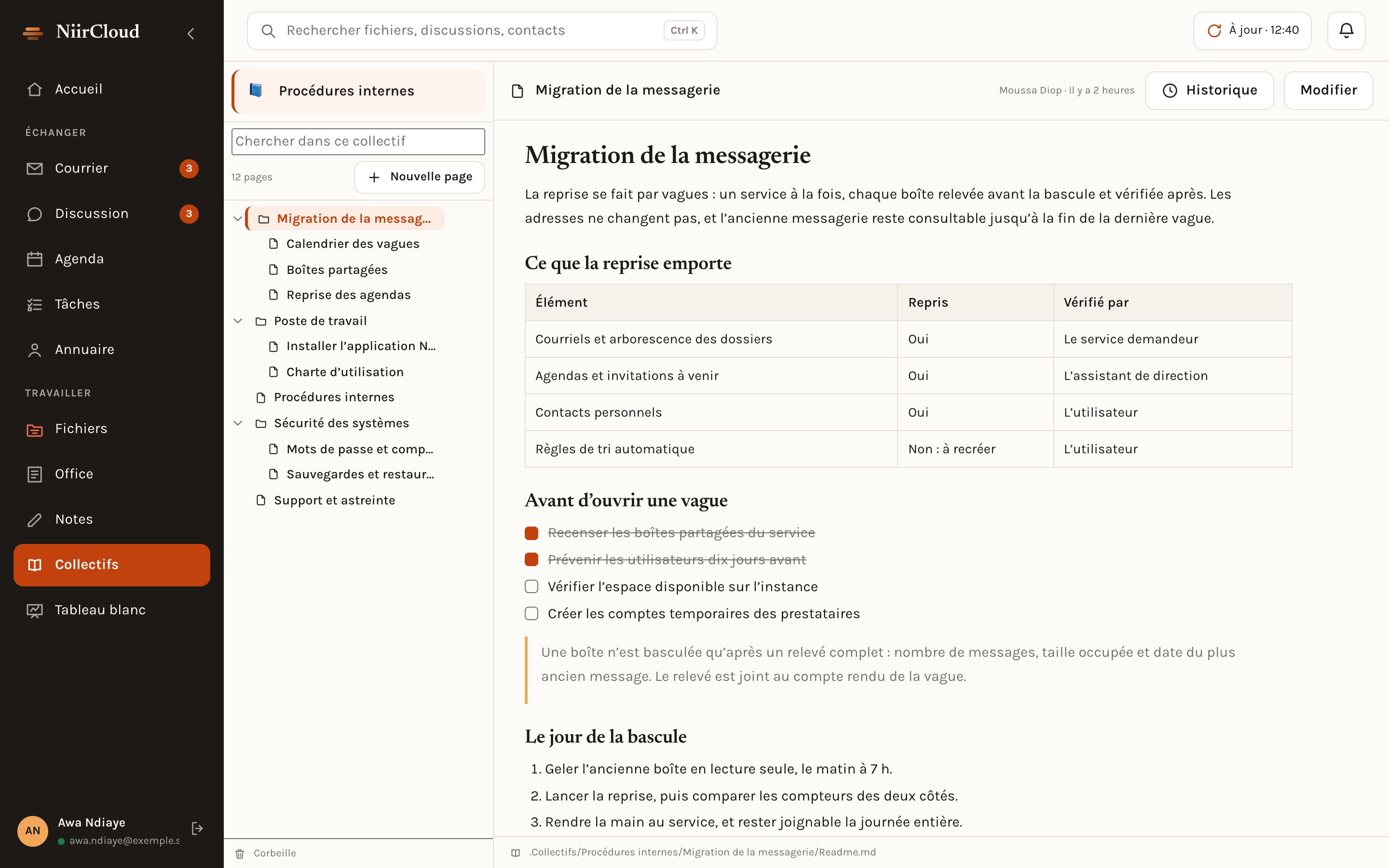 Application NiirCloud : page d'un collectif de documentation, avec l'arbre des pages à gauche