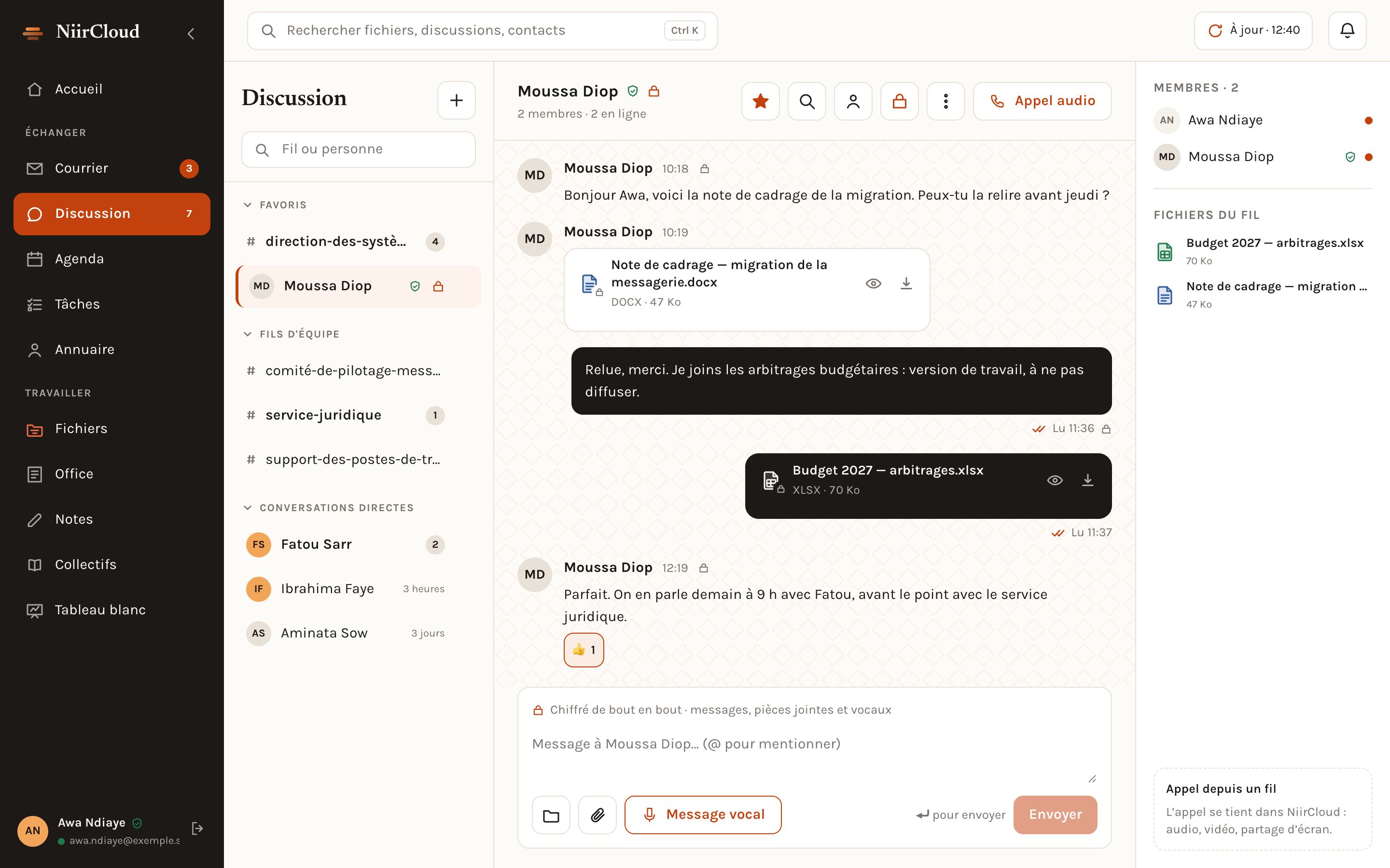 Application NiirCloud : fil de discussion confidentiel entre deux personnes, avec messages et pièce jointe chiffrés