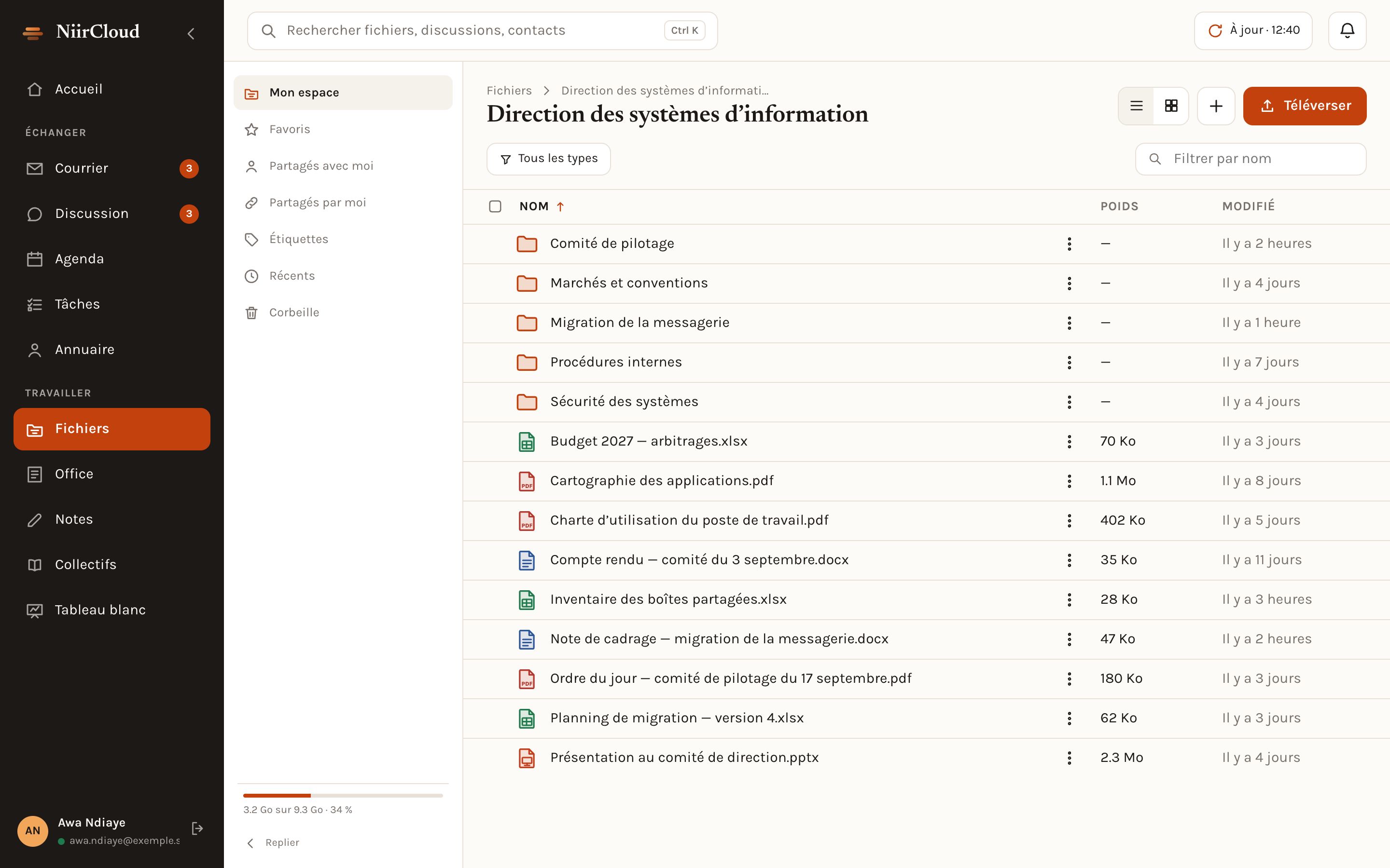 Application NiirCloud : fichiers et dossiers d'une équipe