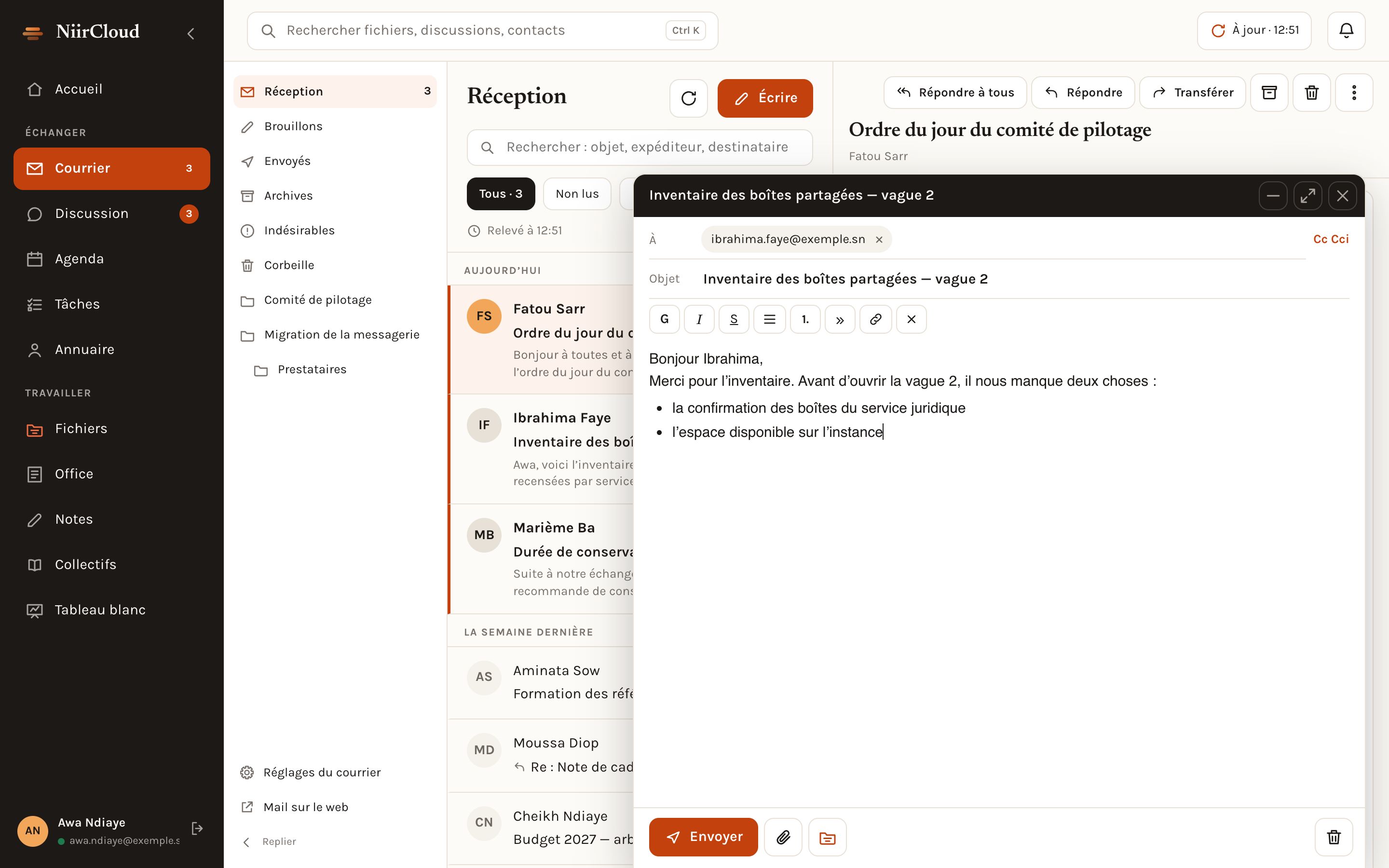 Application NiirCloud : fenêtre de rédaction d'un courriel, avec sa barre de mise en forme et une liste à puces dans le message