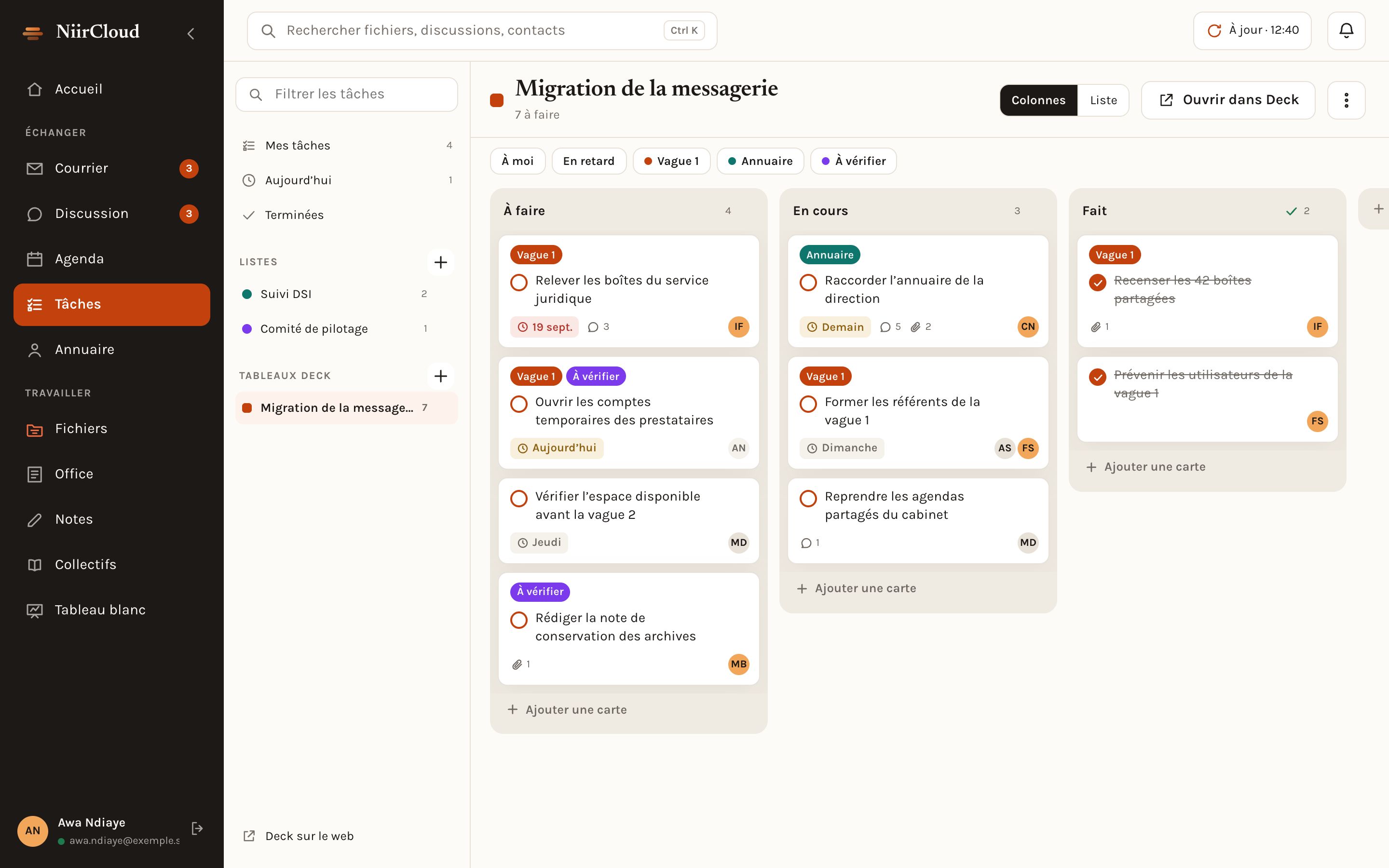 Application NiirCloud : tableau de tâches en colonnes, cartes réparties entre À faire, En cours et Fait